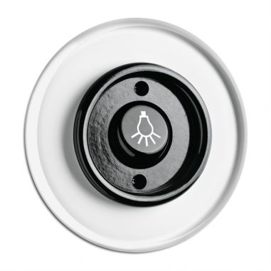 BOTAO PRESSAO C/ SIMBOLO LAMPADA VIDRO BAKELITE CENTRO PRETO